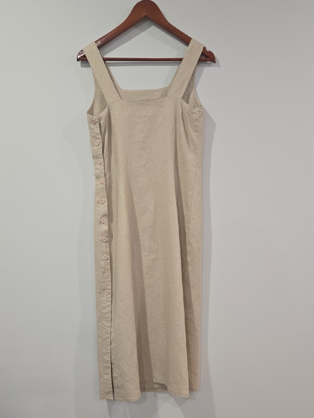 Retro 90's Beige Linen Square-Neck Ralphcore Normcore Midi Dress - Picture 7 of 10